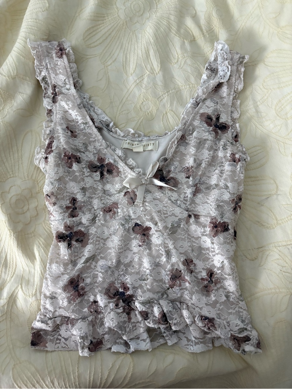 Floral Lace Ruffle Tank Top - Soft Ivory with Dusty Rose